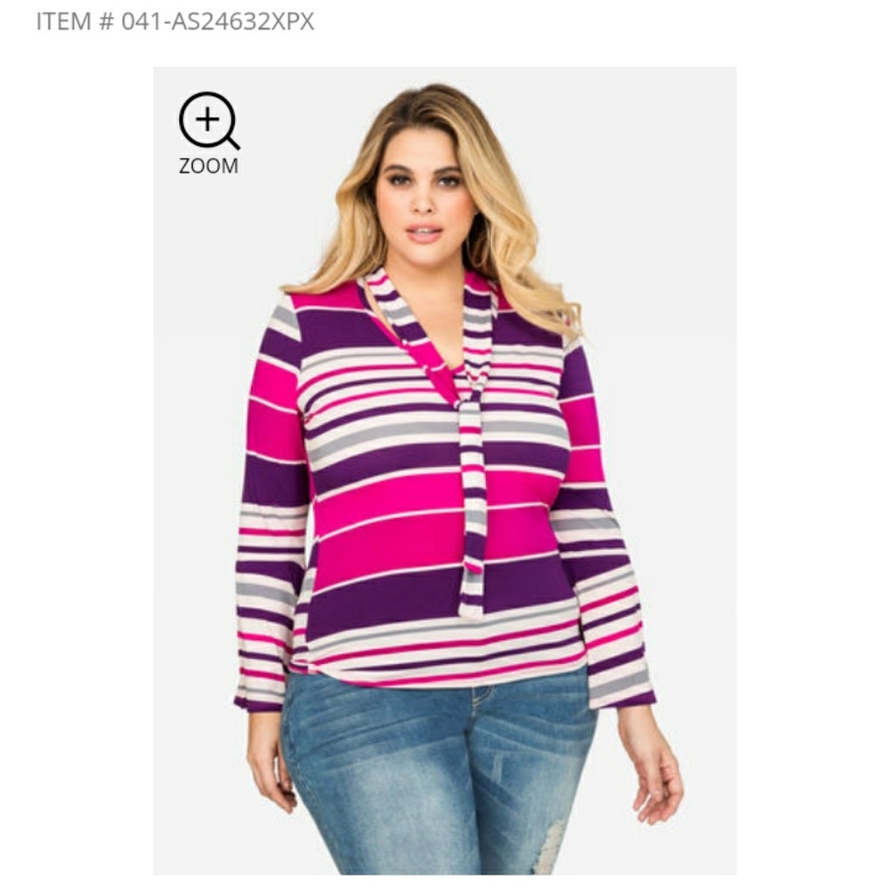 Striped tie neck bell sleeve top